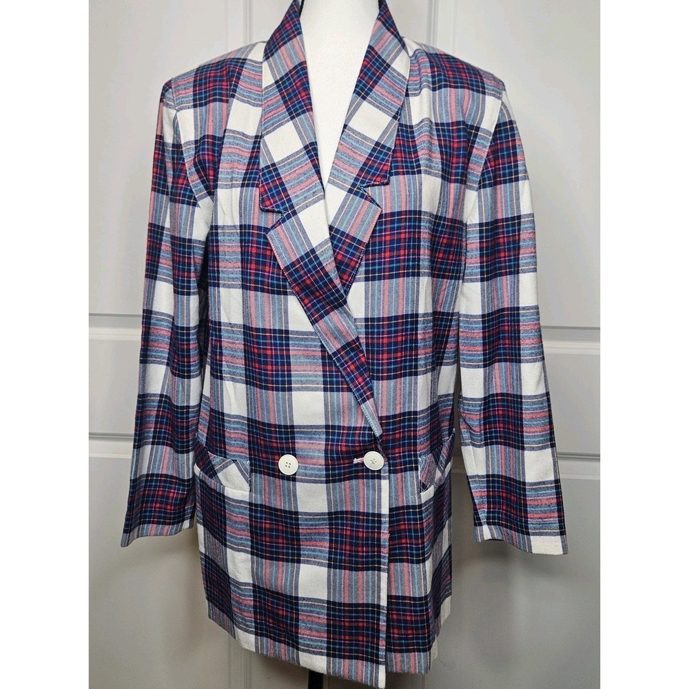 Vintage 80s Womens Tartan Plaid Double Breasted Blazer Size 5 Boyfriend Oversize